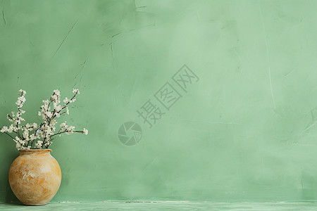绿花组合花瓶静物艺术绿墙前的花瓶背景