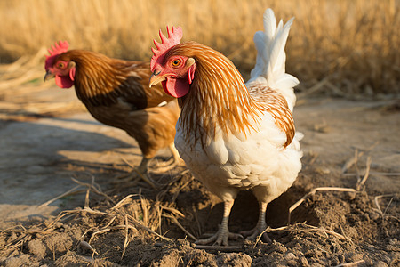 动物饲养户外土地上的两只鸡背景