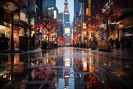 雨后夜幕下的城市步行街高清图片