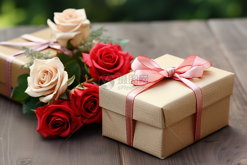 木桌上的玫瑰花和礼物图片
