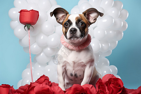 气球与玫瑰下的小狗图片