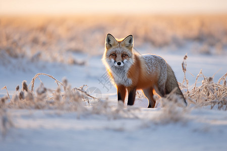 积雪草地上的狐狸图片