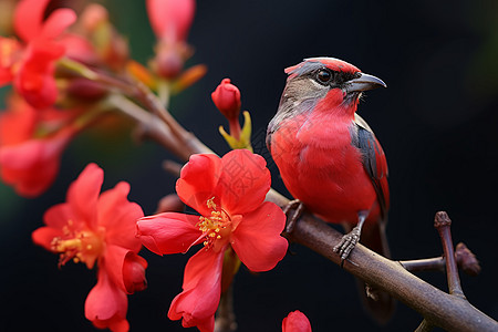 红色花枝上的红色鸟儿背景图片