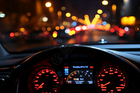 夜晚城市街道上的汽车仪表盘背景图片