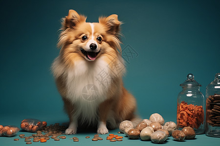 萌萌的小狗和食物背景图片