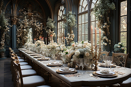 奢华婚宴香槟玫瑰和餐桌图片