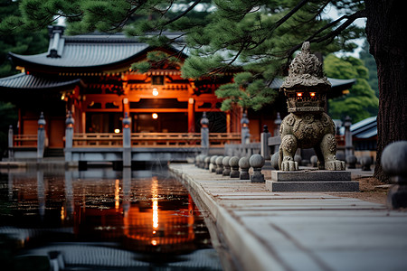 竹林流水传统的庭院建筑背景