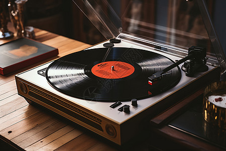 桌子上的复古唱片机背景图片