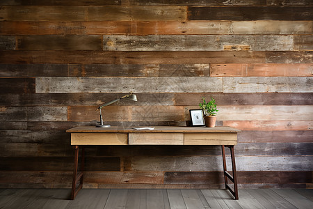 木制墙壁下的桌子图片