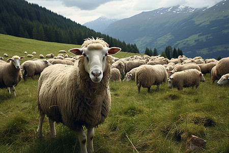 山间草地上觅食的绵羊图片