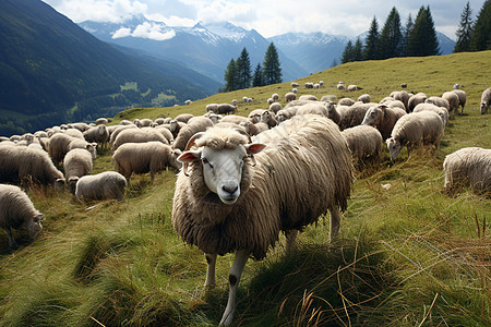 山间草地上的绵羊特写图片