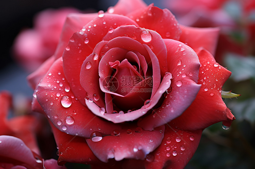 雨后绽放的红色玫瑰花图片