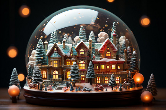 圣诞节的林中村庄水晶球图片