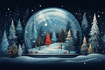 夜晚创意雪中树林水晶球背景图片