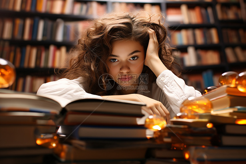 图书馆中感到压力的年轻女子图片