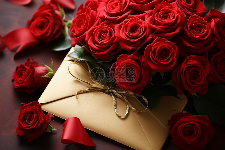 信封与浪漫玫瑰图片