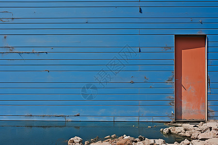 蓝色建筑与红门图片
