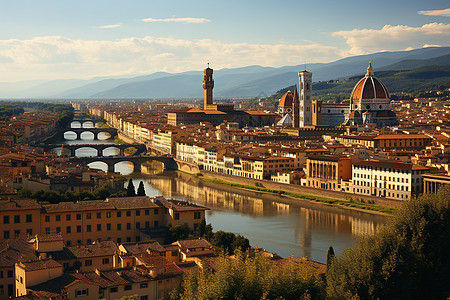 古城佛罗伦萨桥河与山的背景背景