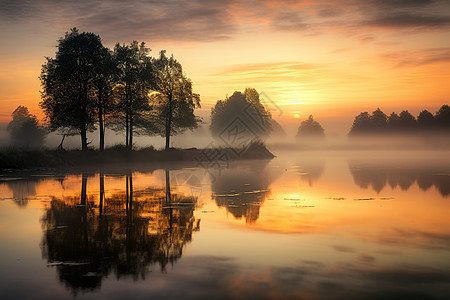 日出时分湖面泛起白雾图片