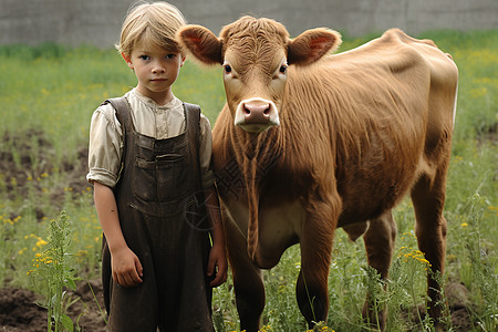 牧场的女孩和小牛图片
