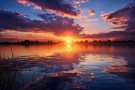 湖畔夕阳图片
