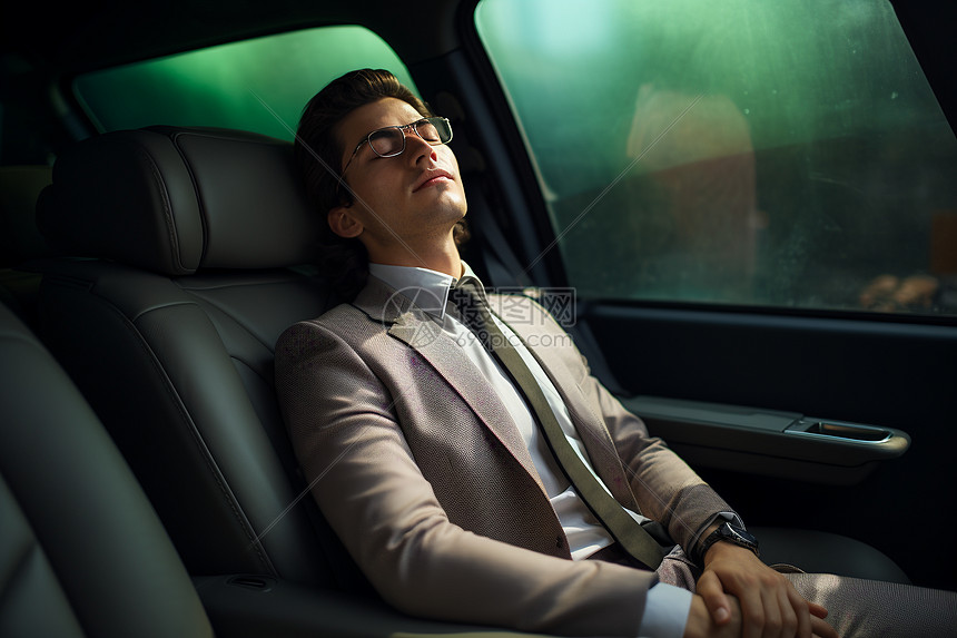 商务男子熟睡在车里图片
