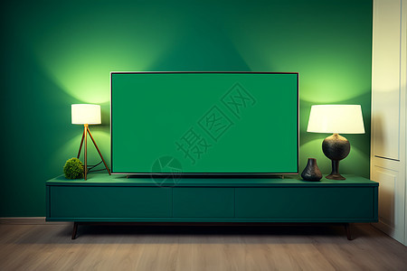 绿色电视柜上的台灯图片