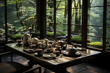 竹林茶馆里的茶桌背景图片