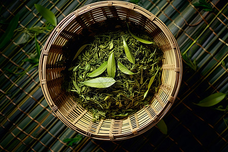绿茶叶装饰的篮子背景图片