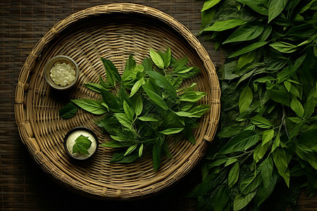 绿茶叶的篮子背景图片