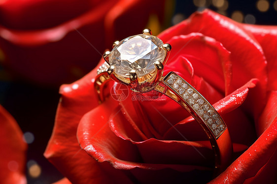 我为这张照片写的中文标题是“璀璨的玫红钻石戒指与红玫瑰的浪漫邂逅”图片