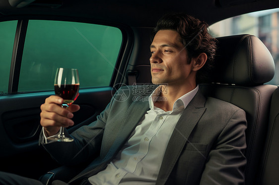 年轻的商人在汽车里享受红酒图片