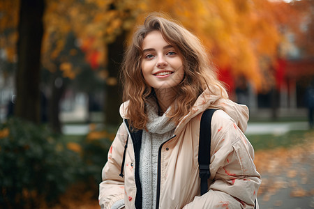 悠闲漫步的年轻女孩图片