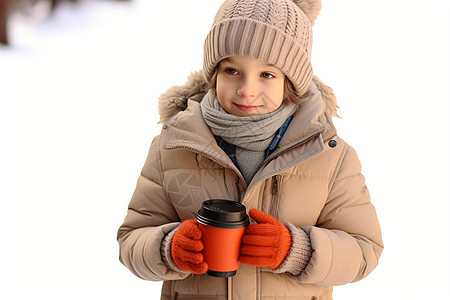 户外咖啡取暖的小女孩背景图片