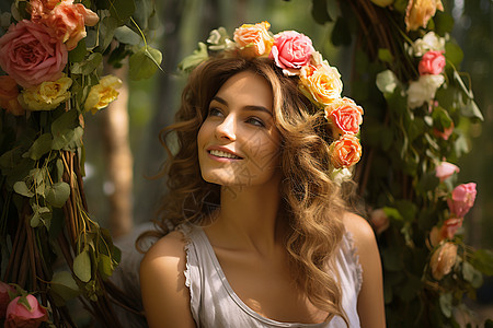 戴着花冠的美女在花园里图片