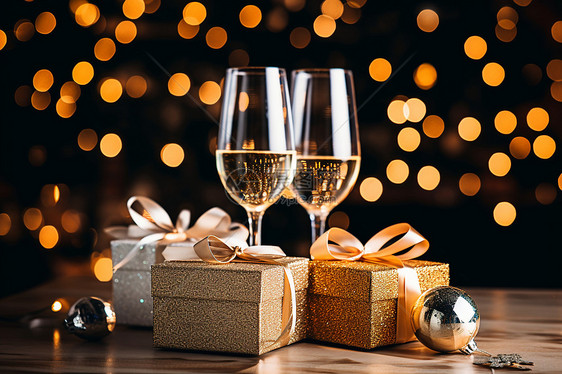 圣诞树下的香槟酒图片
