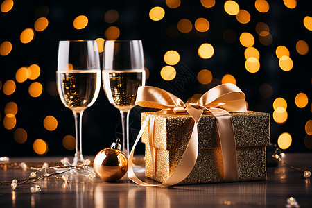 节日礼物和香槟酒图片