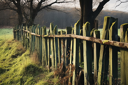 田园风光中的木质篱笆图片