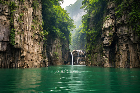 瀑布插画峡谷中的风景背景