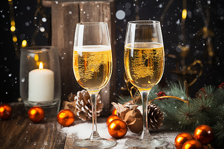 圣诞节餐桌上的两杯香槟图片