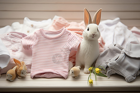 可爱的兔子陪伴着一堆衣物和玩具图片
