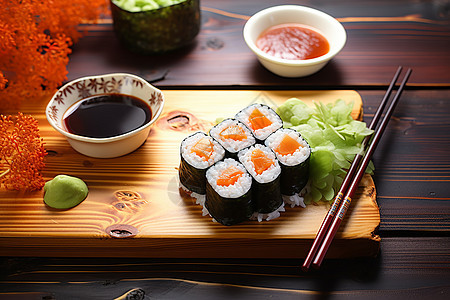 美味的寿司摆放在木质餐桌上图片