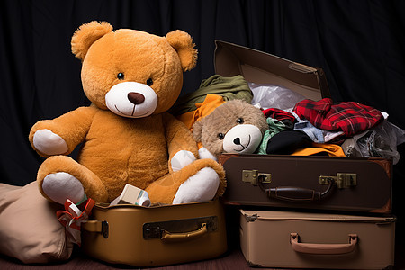 的泰迪熊坐在行李箱里图片