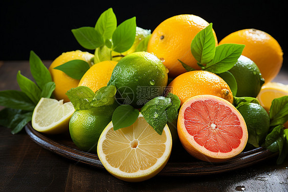 新鲜多汁的柑橘果盘图片
