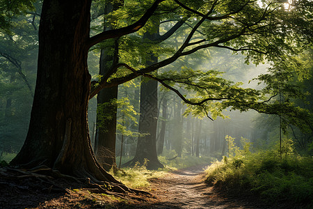 森林大树背景幽静的林间小路背景