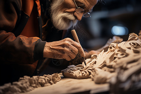 雕刻木头的老年男性图片