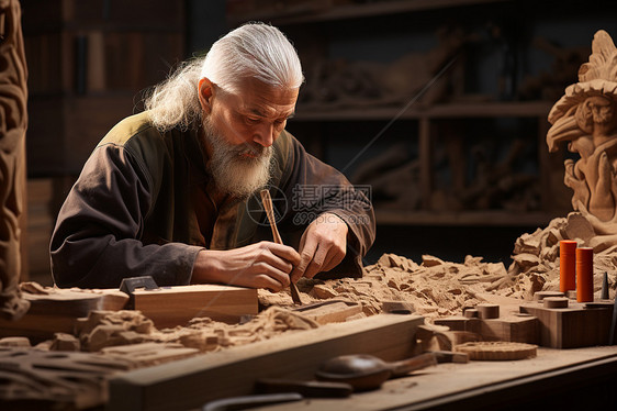 工作台雕刻木头的男性图片