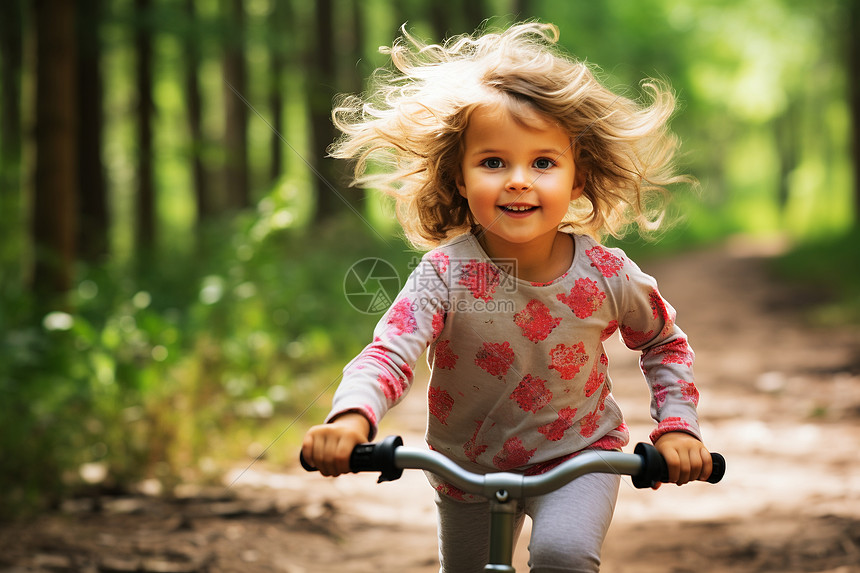 森林里骑车的女孩图片