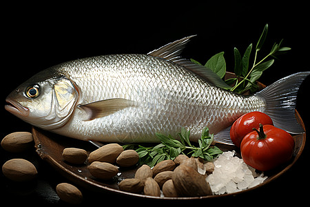 美食盘子里的鱼盘子里的鱼和蔬菜背景