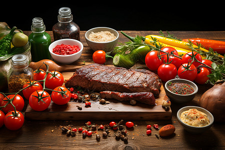 牛排和香肠烤牛排和番茄背景